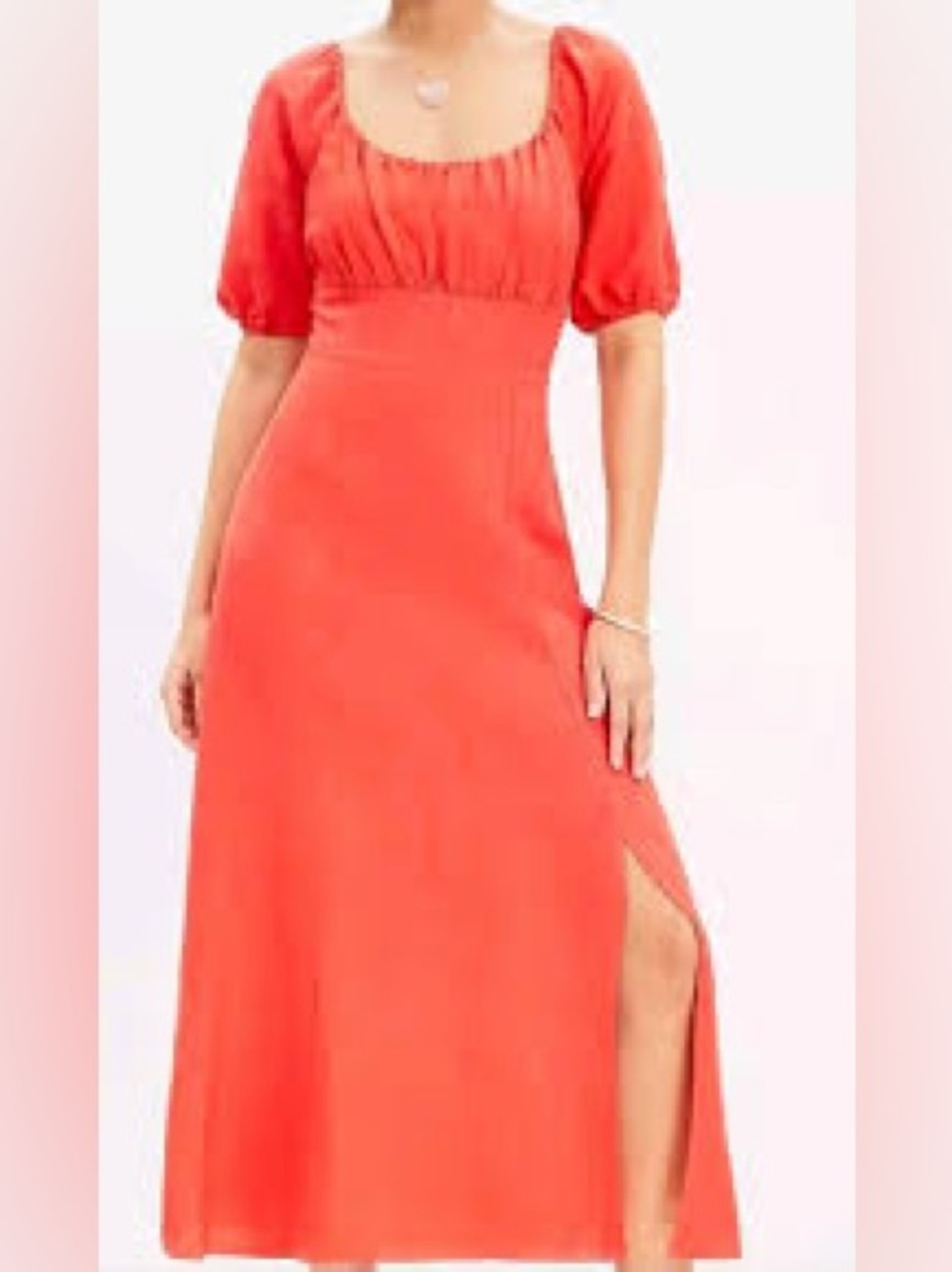 LOFT Coral Linen Blend Maxi Dress w/Puff Sleeves and Side Slit Petite Length